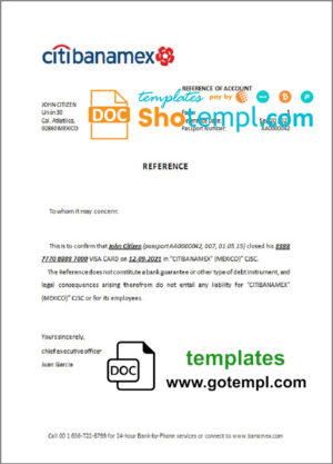 Mexico Citibanamex bank account closure reference letter template in Word and PDF format