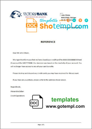 Moldova Victoriabank bank account closure reference letter template in Word and PDF format