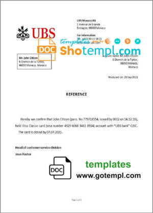 Monaco UBS bank account closure reference letter template in Word and PDF format