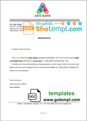 Mongolia Arig Bank bank account closure reference letter template in Word and PDF format