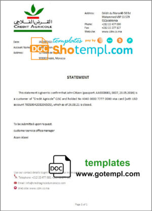 Morocco Credit Agricole bank account closure reference letter template in Word and PDF format