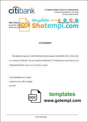 Netherlands Citibank account closure certificate template in Word and PDF format