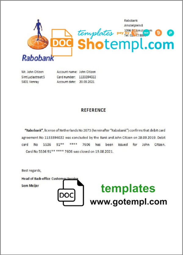 Netherlands Rabobank bank account closure certificate template in Word and PDF format