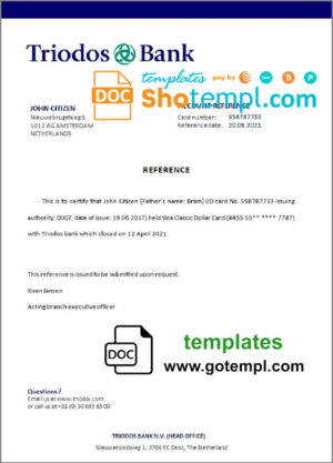 Netherlands Triodos Bank bank account closure certificate template in Word and PDF format