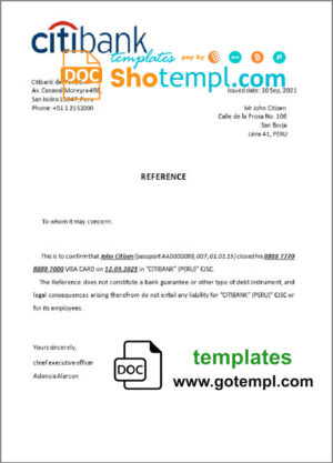 Peru Citibank bank account closure reference letter template in Word and PDF format