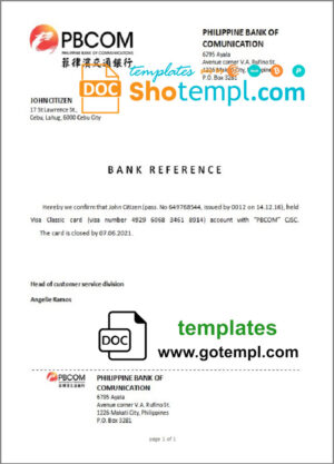 Philippines Pilippine Bank of Comunication bank account closure reference letter template in Word and PDF format