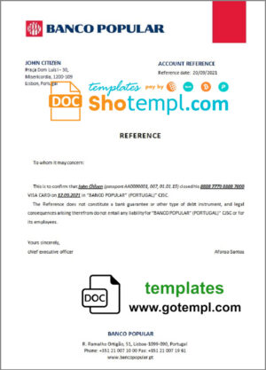 Portugal Banco Popular bank account closure reference letter template in Word and PDF format