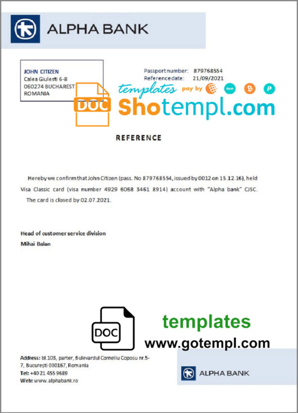 Romania Alpha Bank bank account closure reference letter template in Word and PDF format