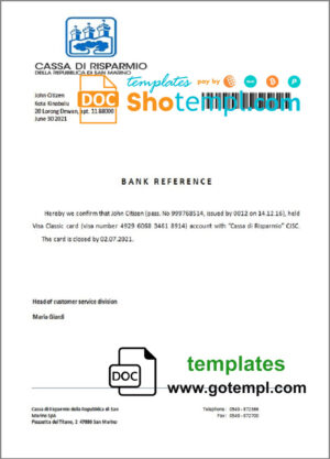 San Marino Cassa di Risparmio bank account closure reference letter template in Word and PDF format