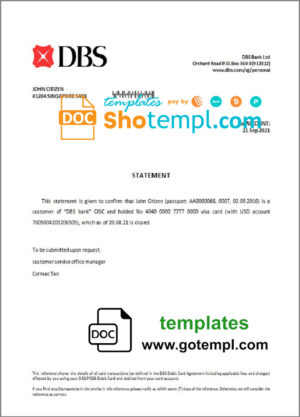 Singapore DBS bank account closure reference letter template in Word and PDF format
