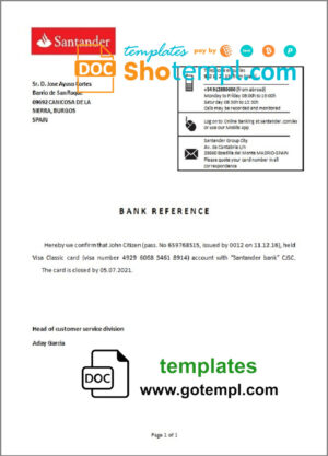 Spain Santander bank account closure reference letter template in Word and PDF format