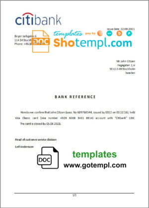 Sweden Citibank bank account closure reference letter template in Word and PDF format