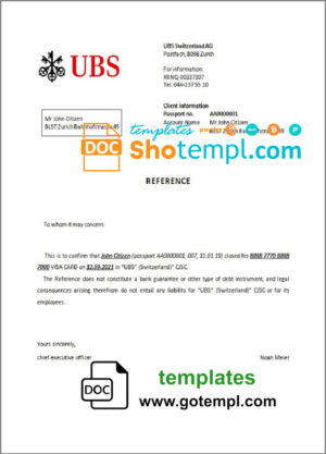 Switzerland UBS bank account closure reference letter template in Word and PDF format