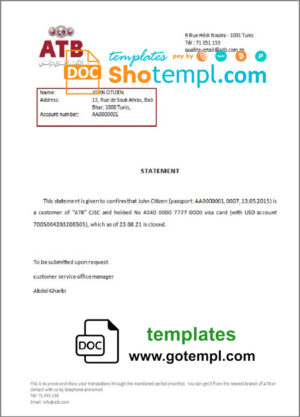 Tunisia ATB bank account closure reference letter template in Word and PDF format