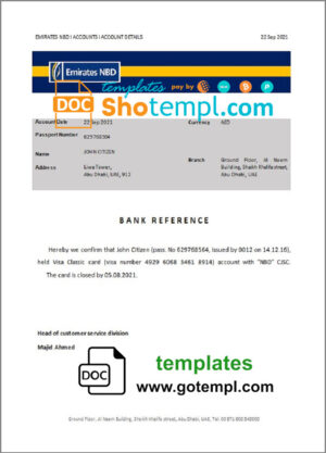 UAE Emirates NBD bank account closure reference letter template in Word and PDF format