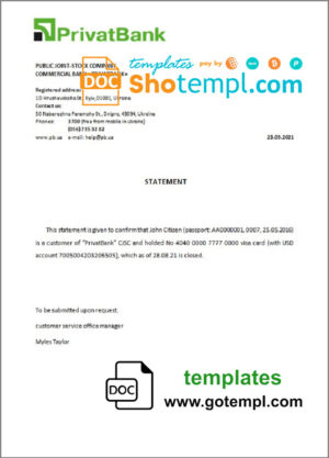 Ukraine Privatbank account closure reference letter template in Word and PDF format