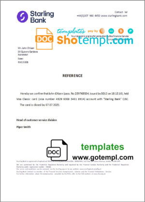 United Kingdom Starling bank account closure reference letter template in Word and PDF format