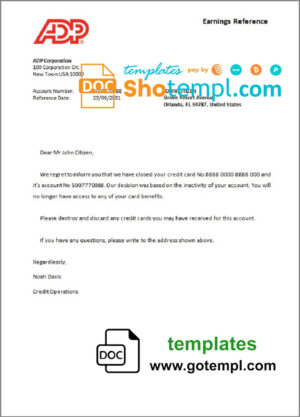 USA ADP bank account closure reference letter template in Word and PDF format