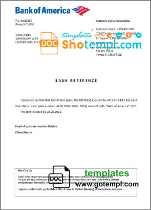 USA Bank of America bank account closure reference letter template in Word and PDF format