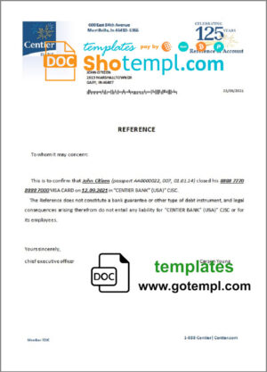 USA Centier Bank bank account closure reference letter template in Word and PDF format