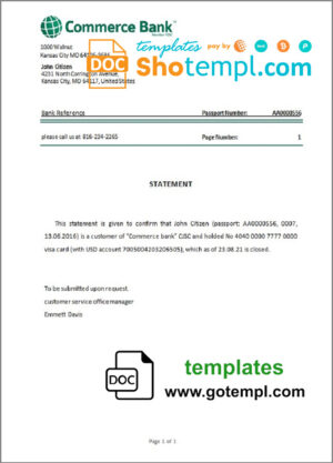 USA Commerce Bank bank account closure reference letter template in Word and PDF format