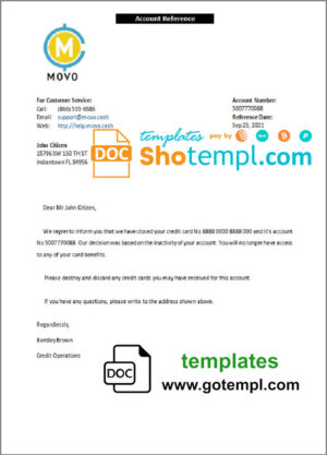 USA Movo bank account closure reference letter template in Word and PDF format
