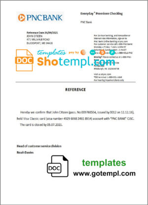 USA PNC Bank bank account closure reference letter template in Word and PDF format