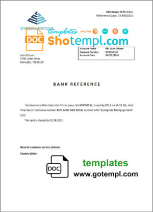 USA Springside Mortgage bank account closure reference letter template in Word and PDF format