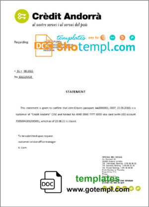 Andorra Credit Andorra bank account closure reference letter template in Word and PDF format