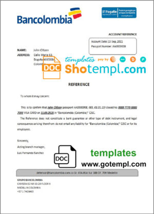 Colombia Bancolombia bank account closure reference letter template in Word and PDF format