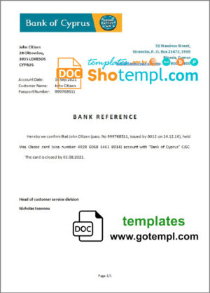 Cyprus Bank of Cyprus bank account closure reference letter template in Word and PDF format