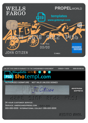 USA Wells Fargo bank AMEX card template in PSD format, fully editable
