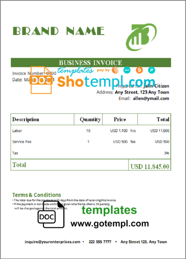 # grace wise universal multipurpose invoice template in Word and PDF format, fully editable