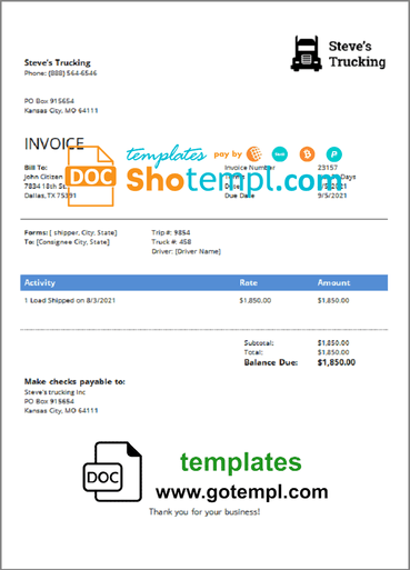 USA Steve’s Trucking Company invoice template in Word and PDF format, fully editable USA Steve's Trucking Company invoice template in Word and PDF format, fully editable