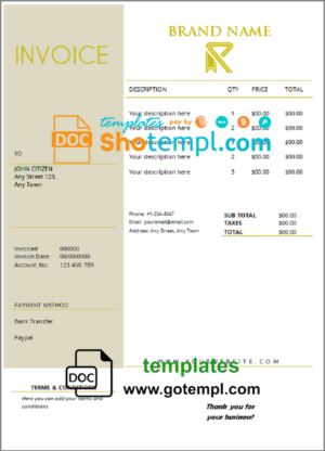 # super credible universal multipurpose invoice template in Word and PDF format, fully editable