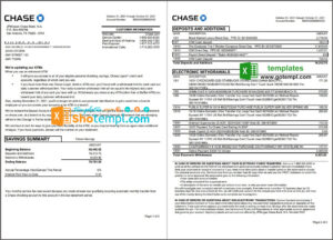 USA JP Morgan Chase bank statement template in .xls and .pdf file format, 2 pages