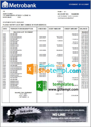 United Kingdom Metrobank bank statement template in Excel and PDF format