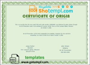 USA Origin certificate template in Word and PDF format