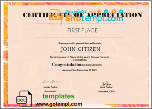 USA Art certificate template in Word and PDF format