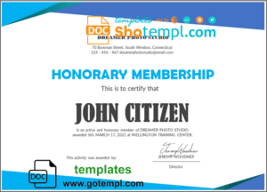USA Honorary Membership certificate template in Word and PDF format