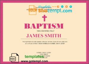 USA Baptism certificate template in Word and PDF format