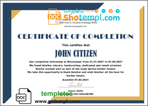 USA Internship certificate template in Word and PDF format