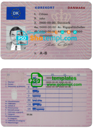 Denmark driving license template in PSD format, fully editable (1997 – 2013)