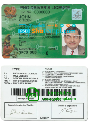 Papua New Guinea driving license template in PSD format, 2020 – present