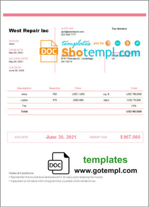 Free Service Invoice template in word and pdf format