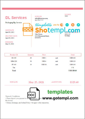 USA Travel Co. invoice template in Word and PDF format, fully editable