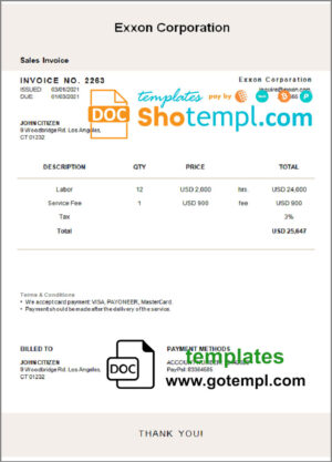USA Exxon Corporation invoice template in Word and PDF format, fully editable