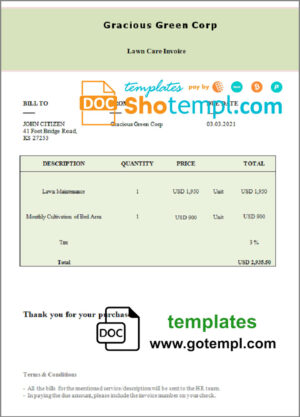 USA Gracious Green Corp invoice template in Word and PDF format, fully editable