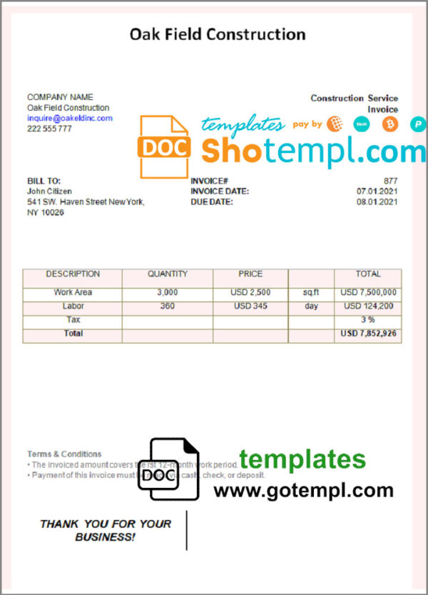 USA Oak Field Construction invoice template in Word and PDF format, fully editable