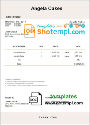 USA Angela Cakes invoice template in Word and PDF format, fully editable